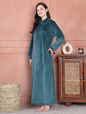 Secret Wish Teal Solid Velvet Nighty Full Length