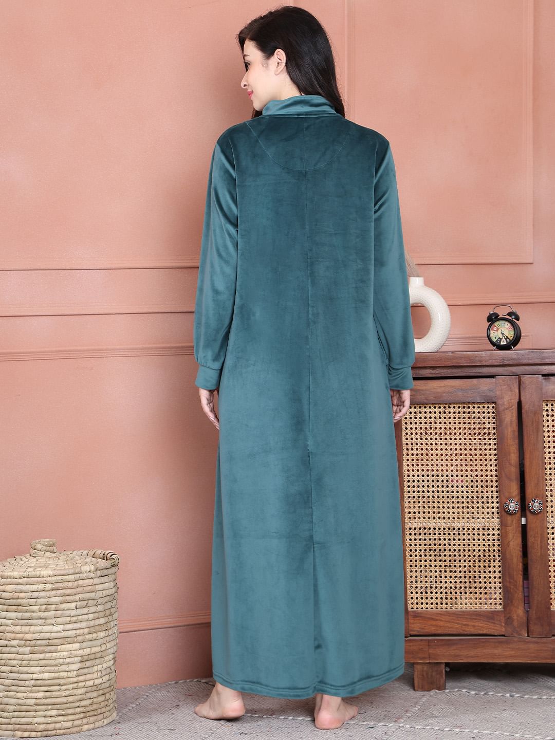 Secret Wish Teal Solid Velvet Nighty Full Length