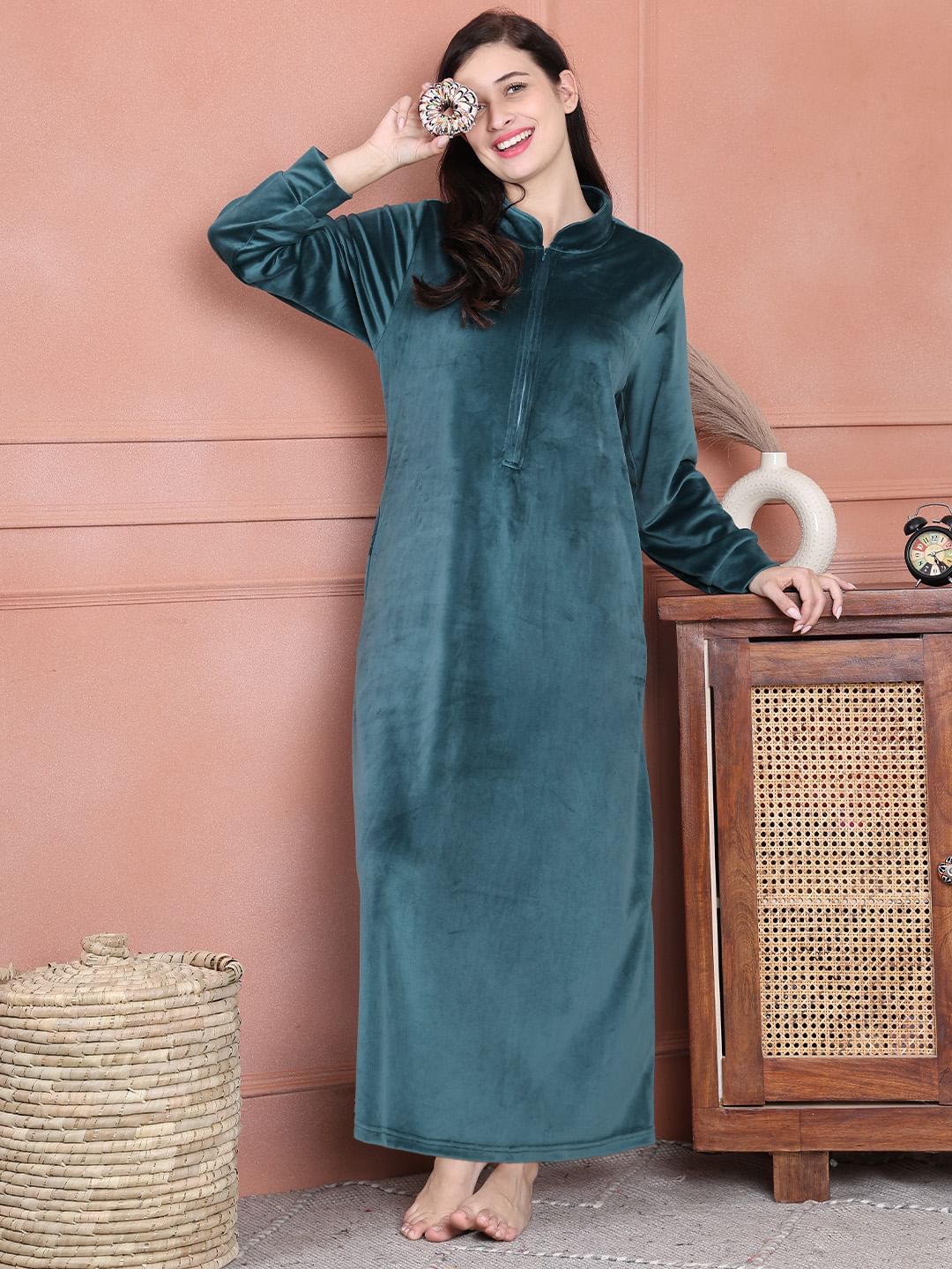 Secret Wish Teal Solid Velvet Nighty Full Length