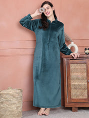 Secret Wish Teal Solid Velvet Nighty Full Length