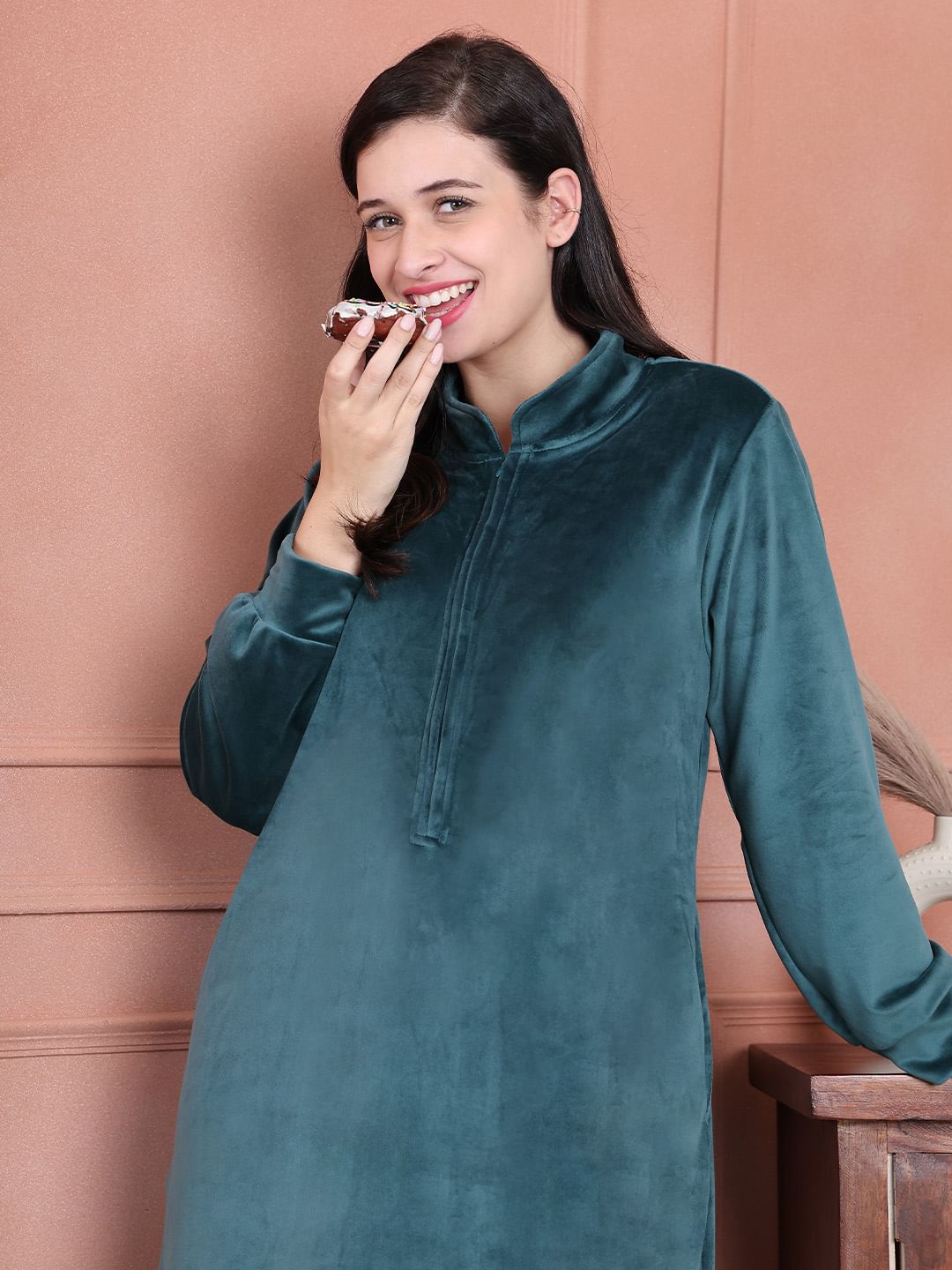 Secret Wish Teal Solid Velvet Nighty Full Length