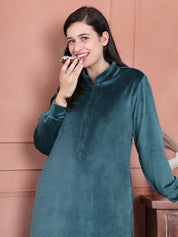 Secret Wish Teal Solid Velvet Nighty Full Length