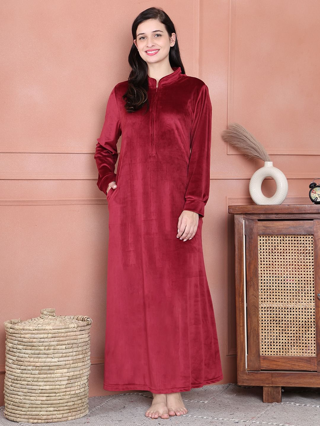 Secret Wish Maroon Solid Velvet Nighty Full Length