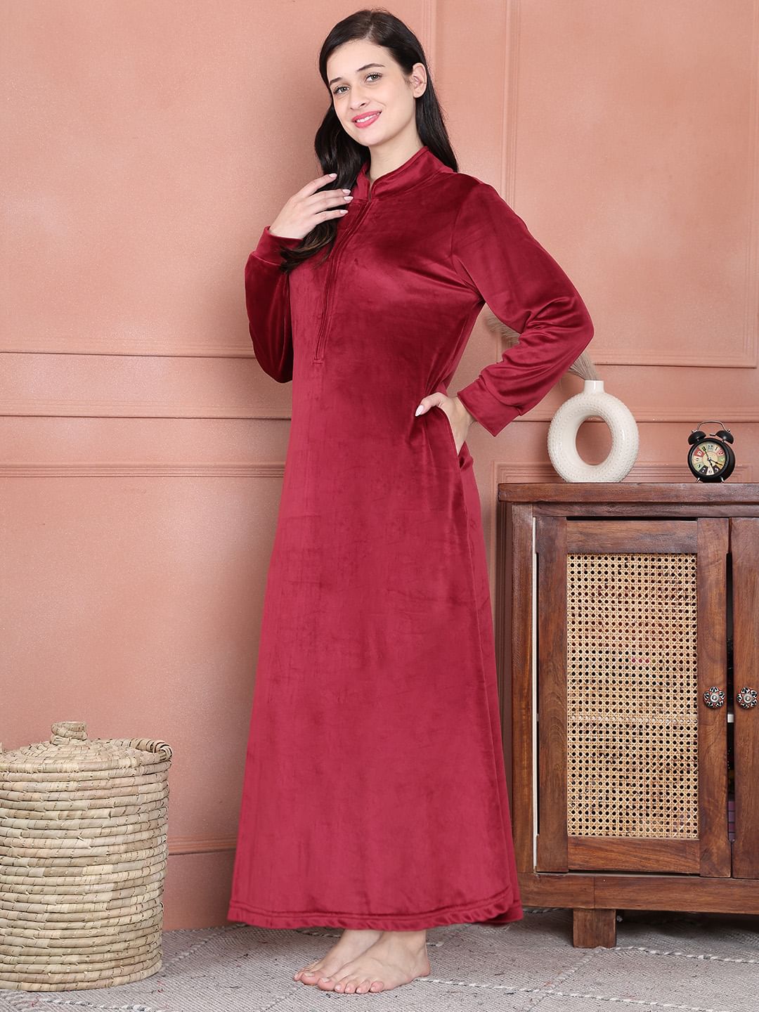 Secret Wish Maroon Solid Velvet Nighty Full Length