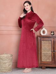 Secret Wish Maroon Solid Velvet Nighty Full Length