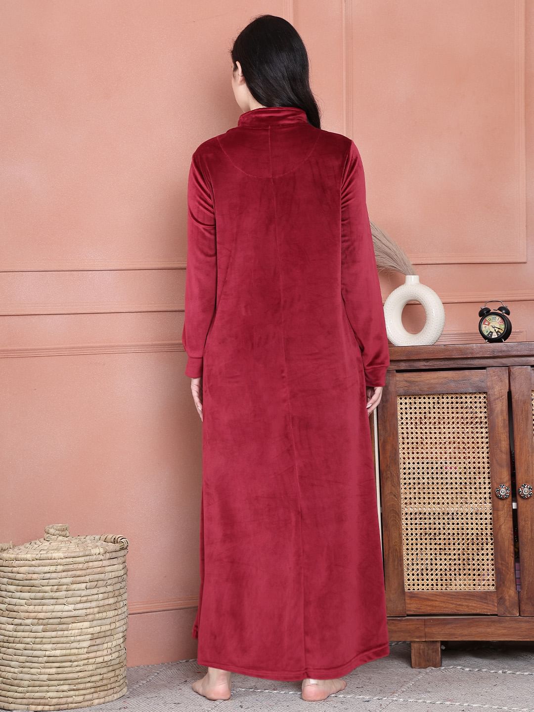 Secret Wish Maroon Solid Velvet Nighty Full Length