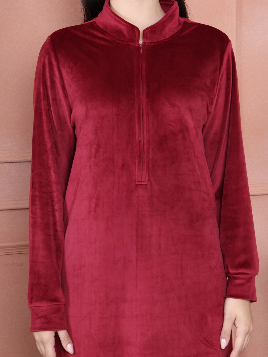 Secret Wish Maroon Solid Velvet Nighty Full Length