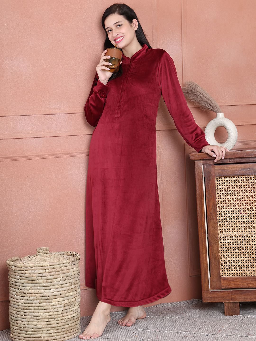 Secret Wish Maroon Solid Velvet Nighty Full Length