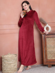Secret Wish Maroon Solid Velvet Nighty Full Length