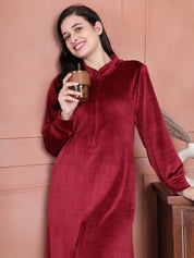 Secret Wish Maroon Solid Velvet Nighty Full Length