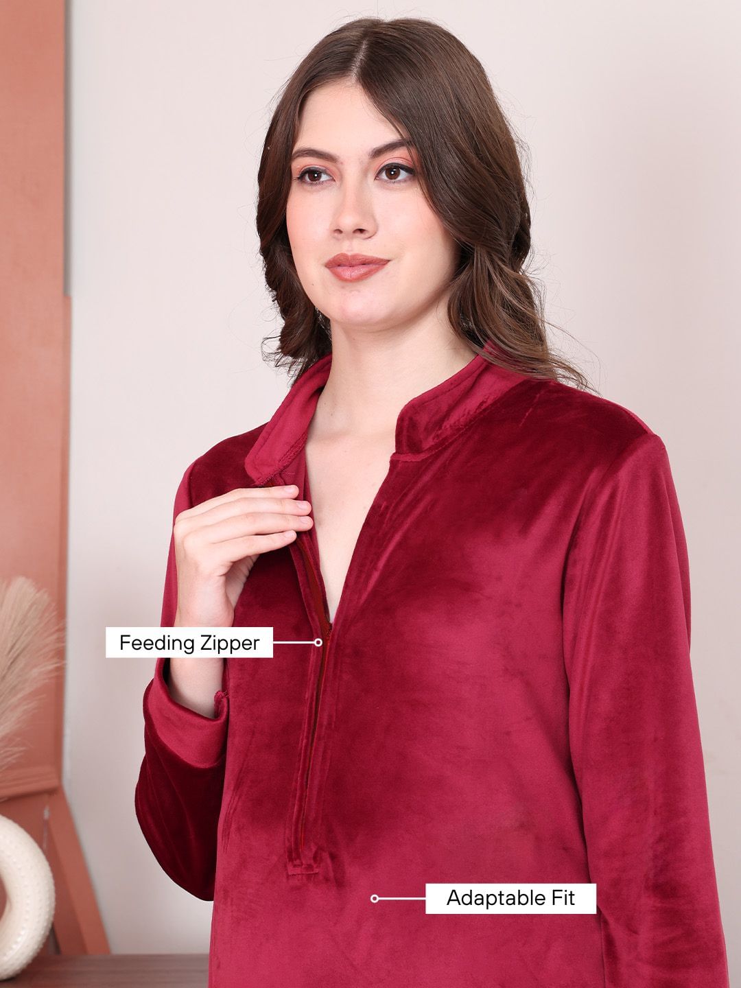 Solid Maroon Velvet Maternity Nighty Full Length