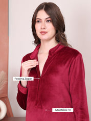 Solid Maroon Velvet Maternity Nighty Full Length