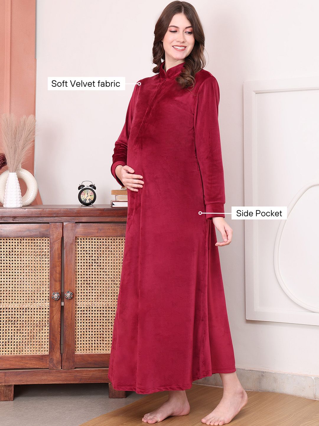 Solid Maroon Velvet Maternity Nighty Full Length