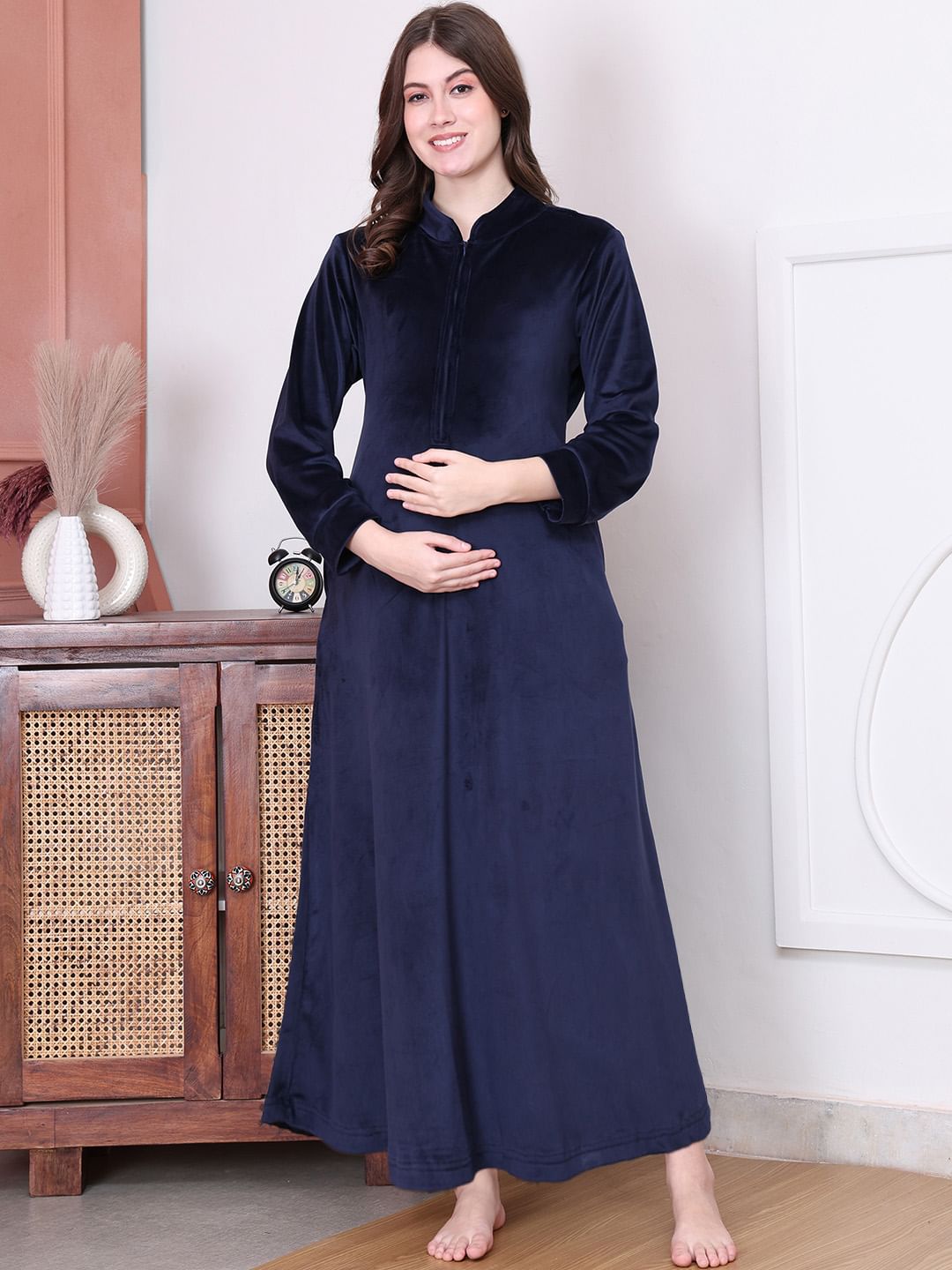 Solid Navy Blue Velvet Maternity Nighty Full Length