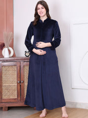 Solid Navy Blue Velvet Maternity Nighty Full Length