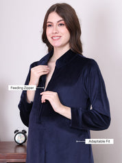 Solid Navy Blue Velvet Maternity Nighty Full Length