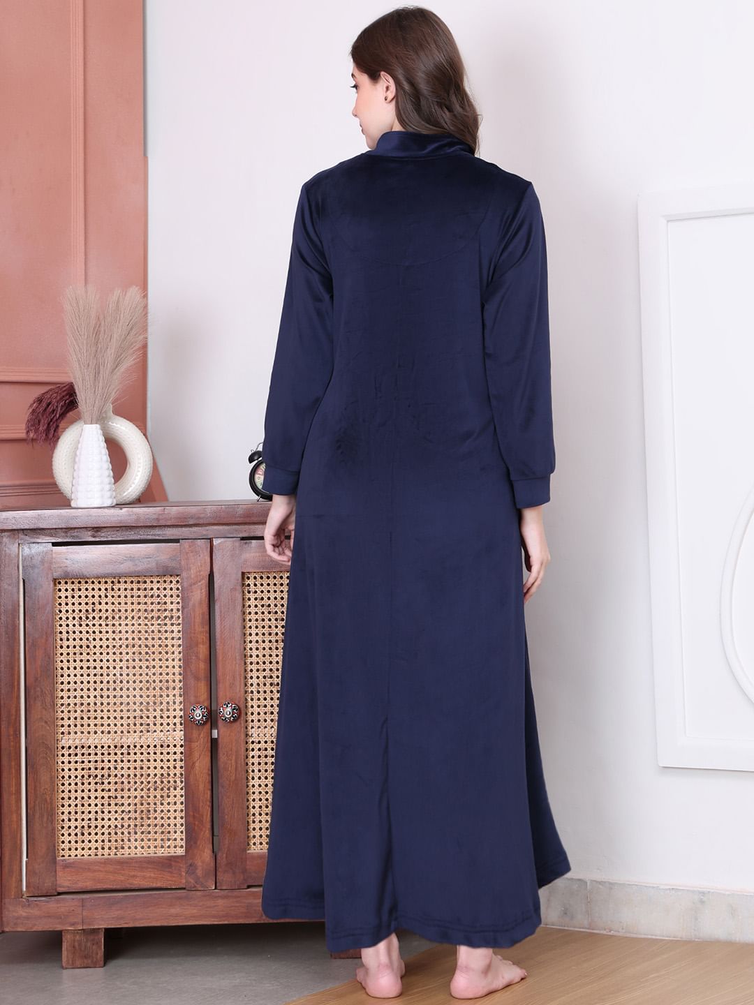 Solid Navy Blue Velvet Maternity Nighty Full Length