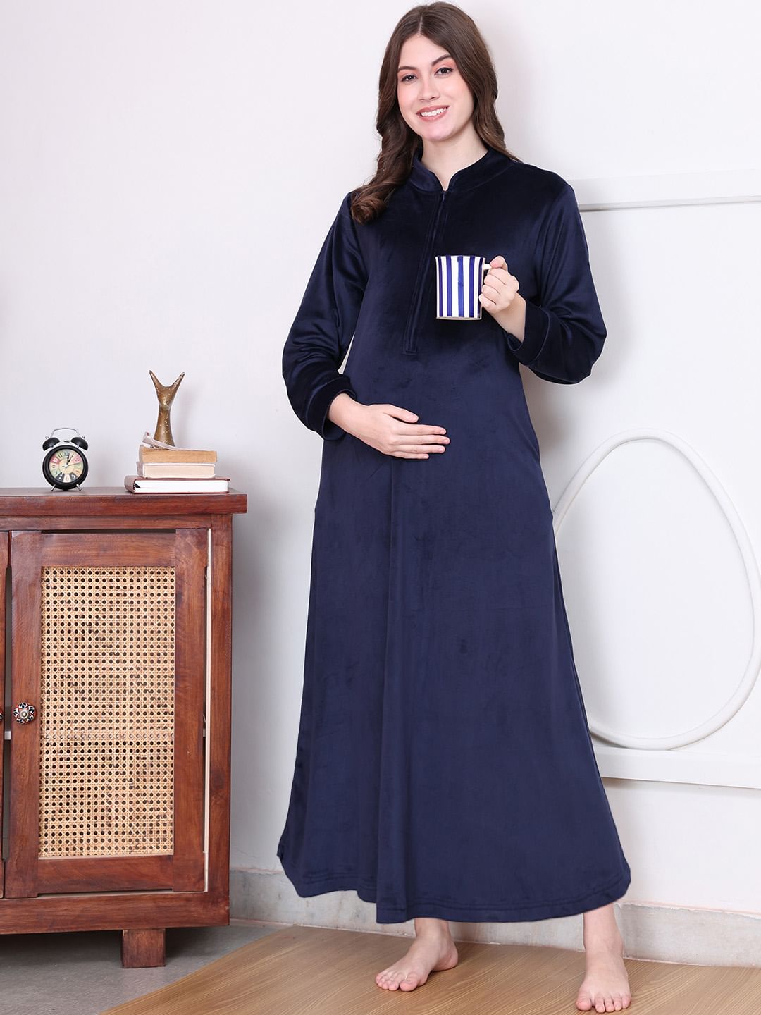 Solid Navy Blue Velvet Maternity Nighty Full Length