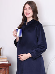 Solid Navy Blue Velvet Maternity Nighty Full Length