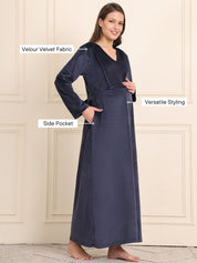 Navy Blue Solid Velour Maternity Nighty