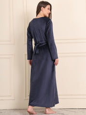 Navy Blue Solid Velour Maternity Nighty