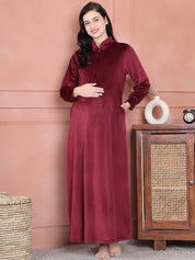 Secret Wish Maroon Solid Velvet Maternity Nighty Full Length