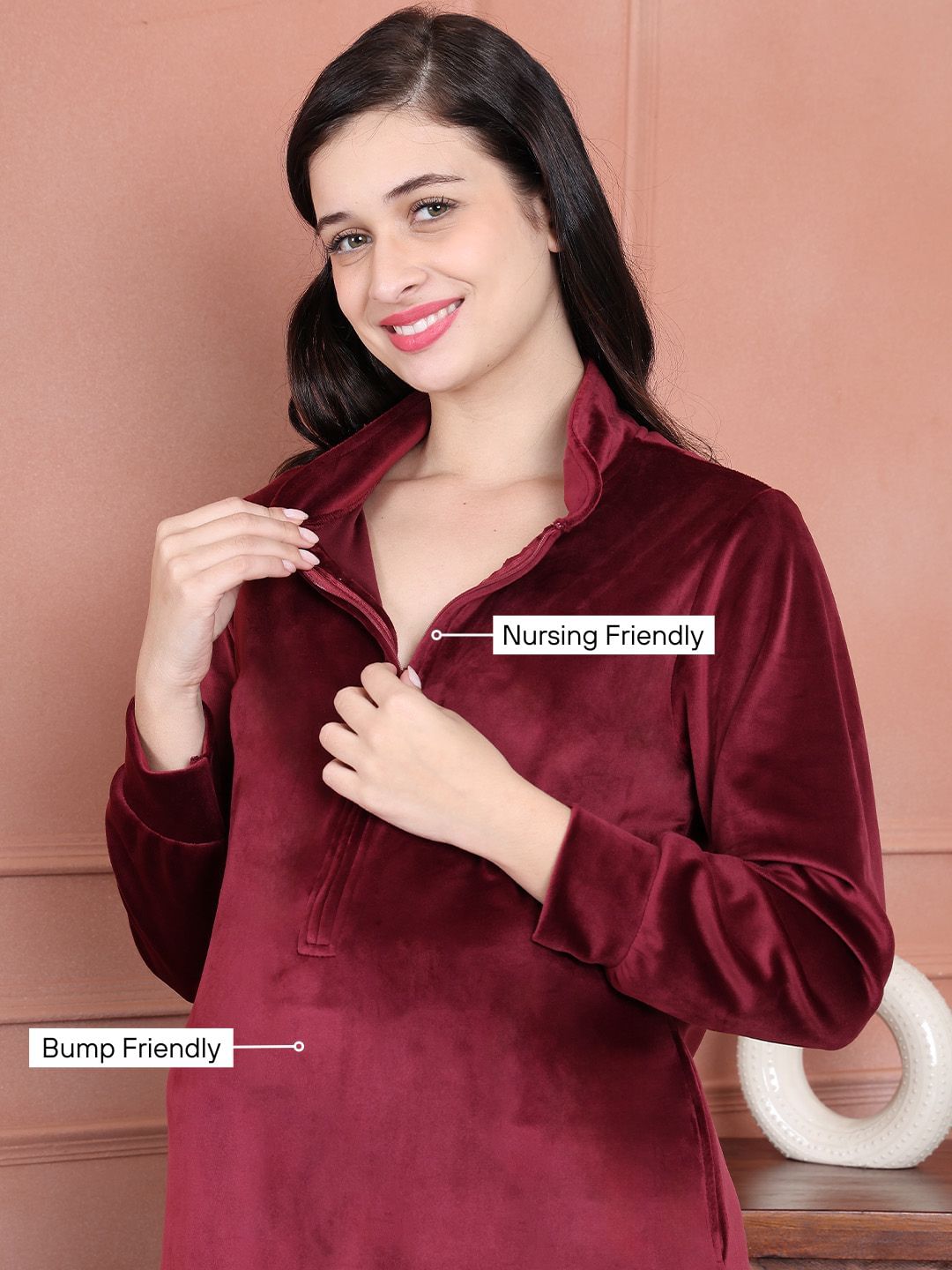 Secret Wish Maroon Solid Velvet Maternity Nighty Full Length