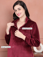 Secret Wish Maroon Solid Velvet Maternity Nighty Full Length