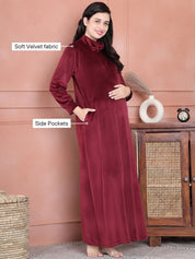 Secret Wish Maroon Solid Velvet Maternity Nighty Full Length