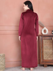 Secret Wish Maroon Solid Velvet Maternity Nighty Full Length