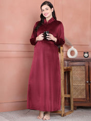 Secret Wish Maroon Solid Velvet Maternity Nighty Full Length
