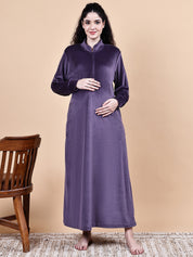 Purple Solid Velvet Winter Maternity Nighty
