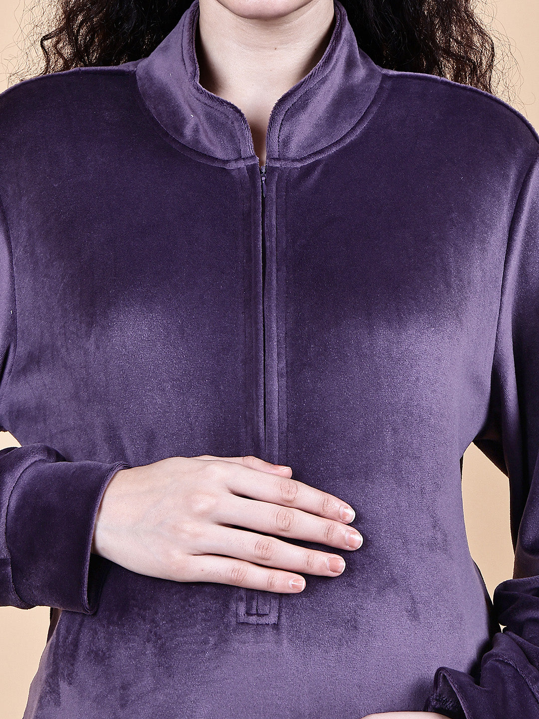 Purple Solid Velvet Winter Maternity Nighty