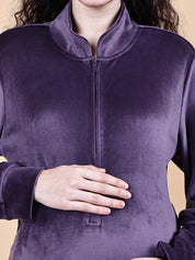Purple Solid Velvet Winter Maternity Nighty