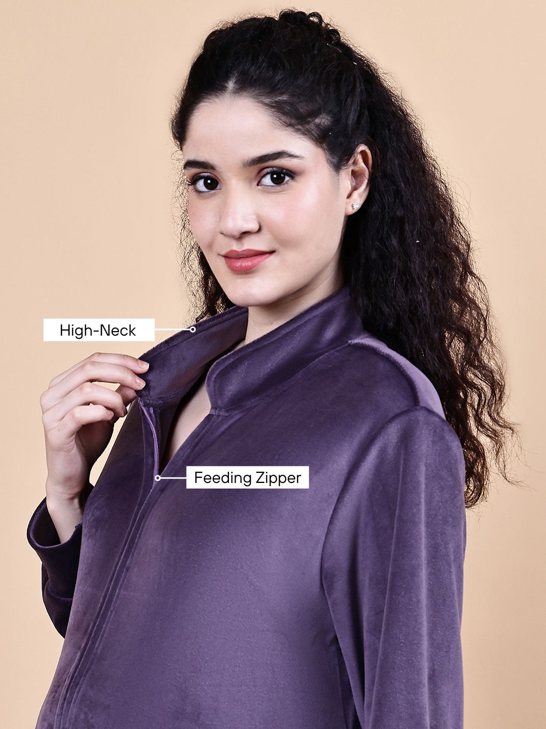 Purple Solid Velvet Winter Maternity Nighty