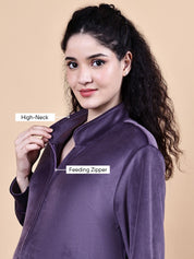 Purple Solid Velvet Winter Maternity Nighty