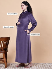 Purple Solid Velvet Winter Maternity Nighty