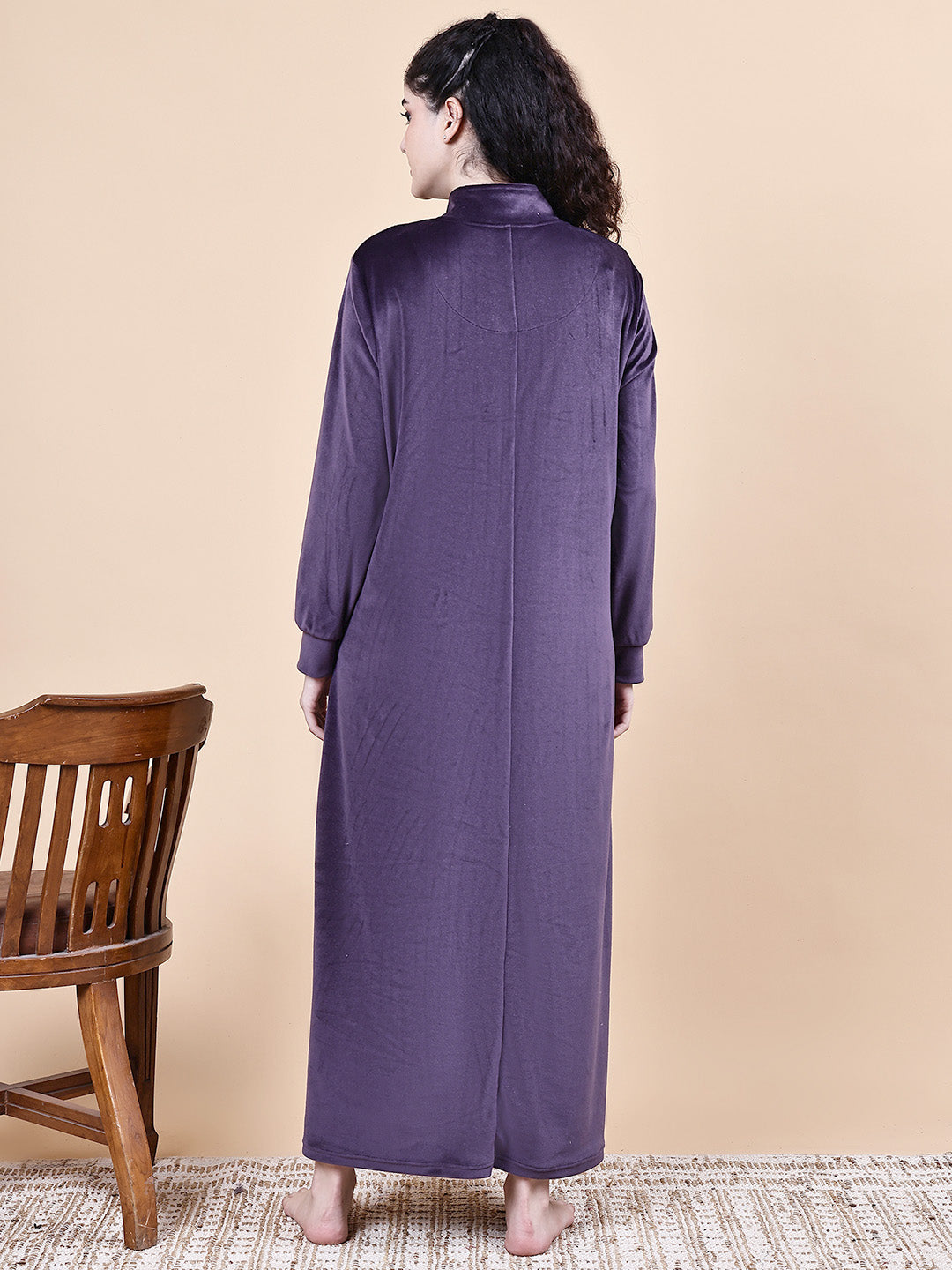 Purple Solid Velvet Winter Maternity Nighty