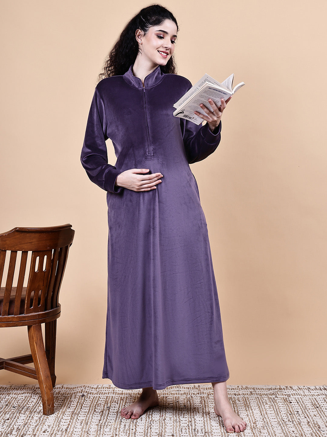 Purple Solid Velvet Winter Maternity Nighty