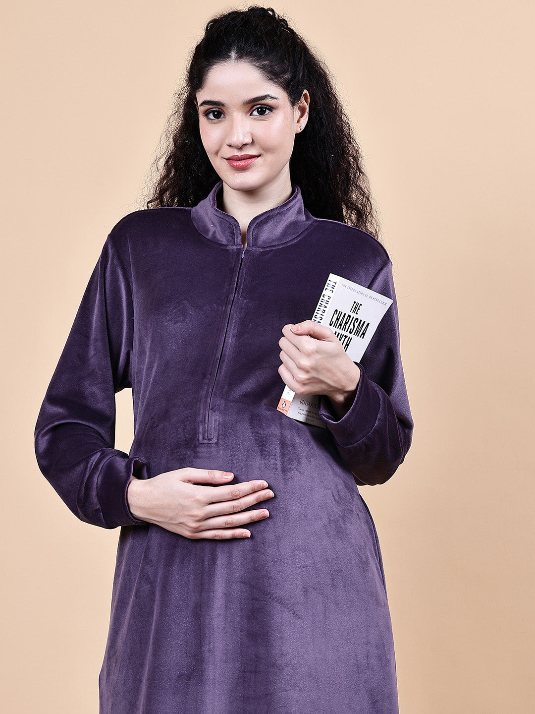 Purple Solid Velvet Winter Maternity Nighty