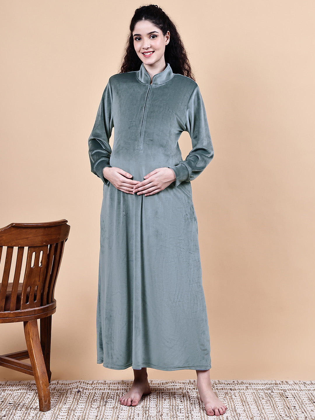 Grey Solid Velvet Winter Maternity Nighty