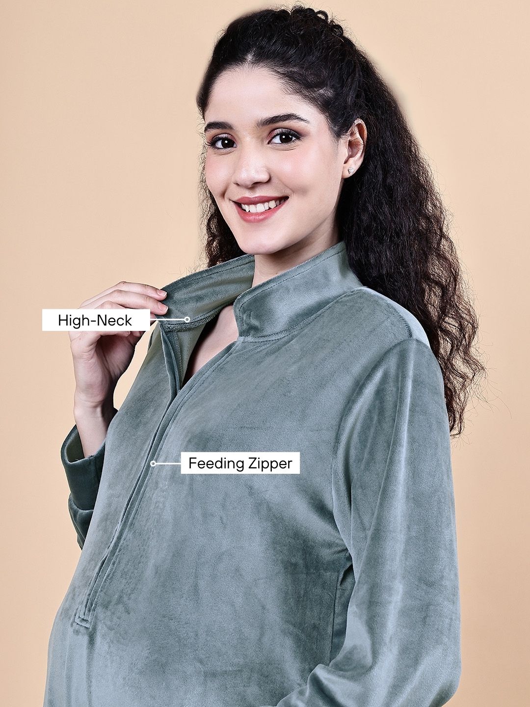 Grey Solid Velvet Winter Maternity Nighty