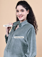 Grey Solid Velvet Winter Maternity Nighty