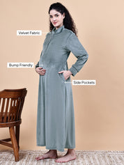 Grey Solid Velvet Winter Maternity Nighty