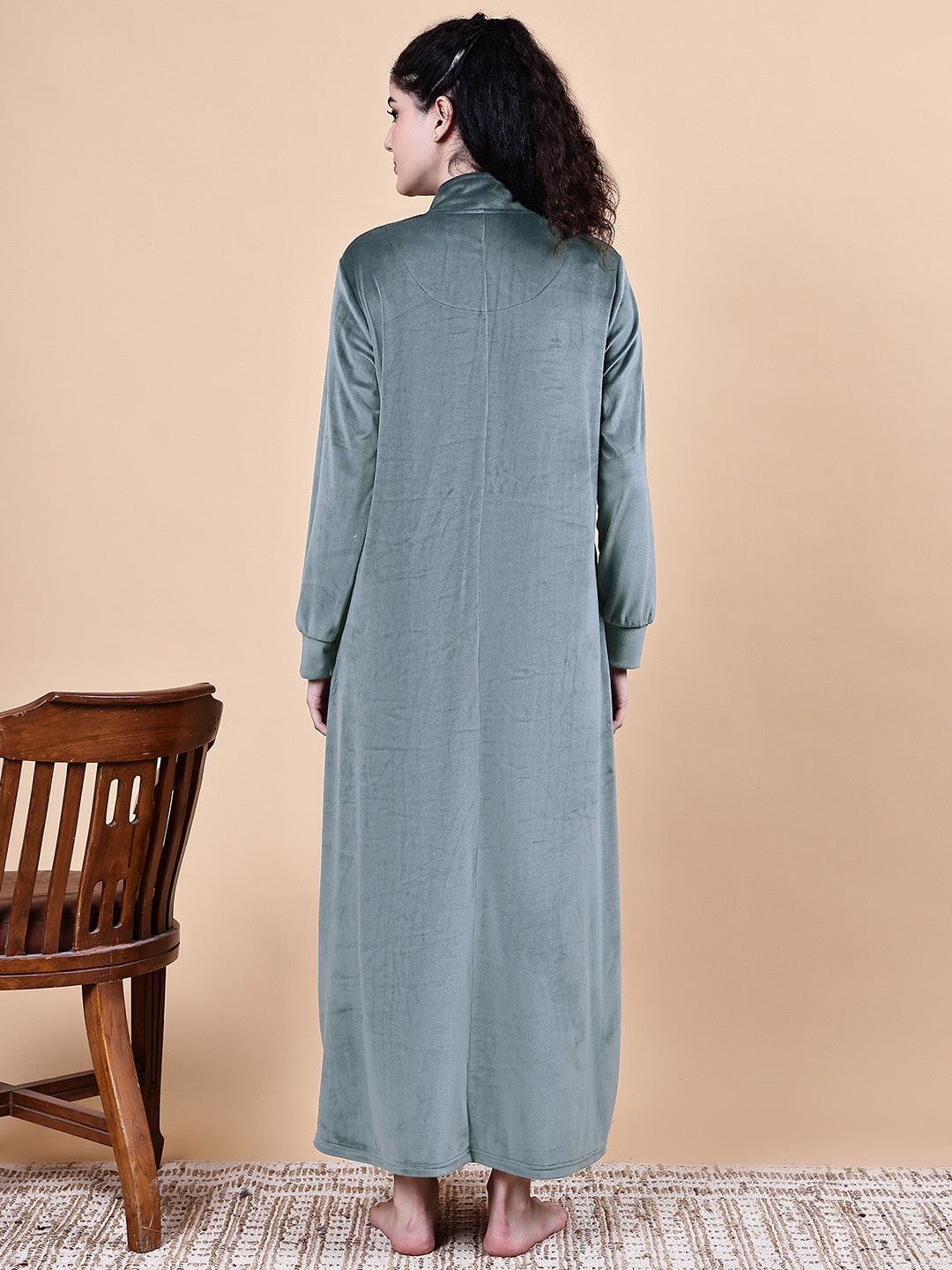 Grey Solid Velvet Winter Maternity Nighty