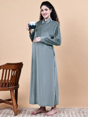 Grey Solid Velvet Winter Maternity Nighty