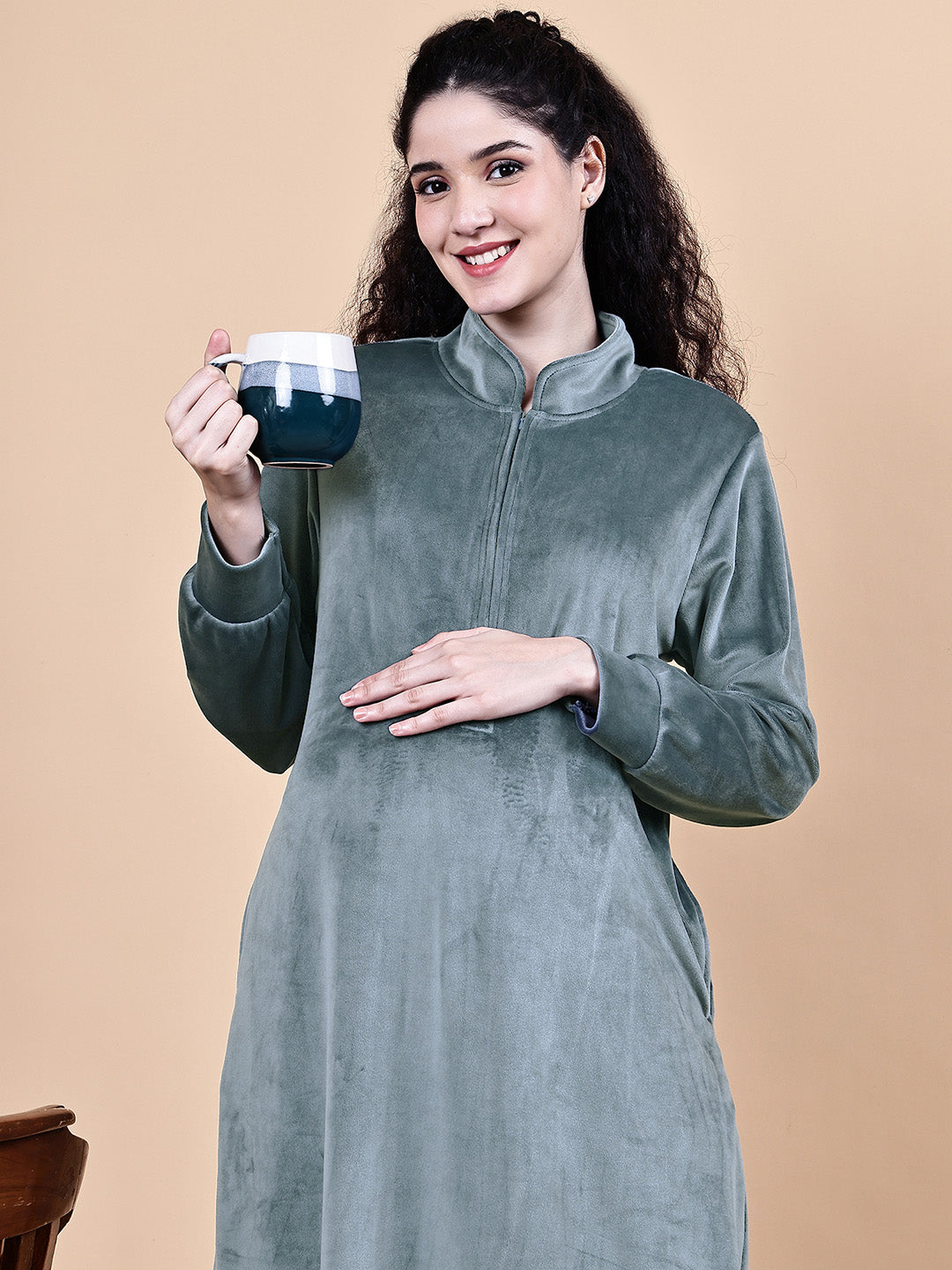 Grey Solid Velvet Winter Maternity Nighty