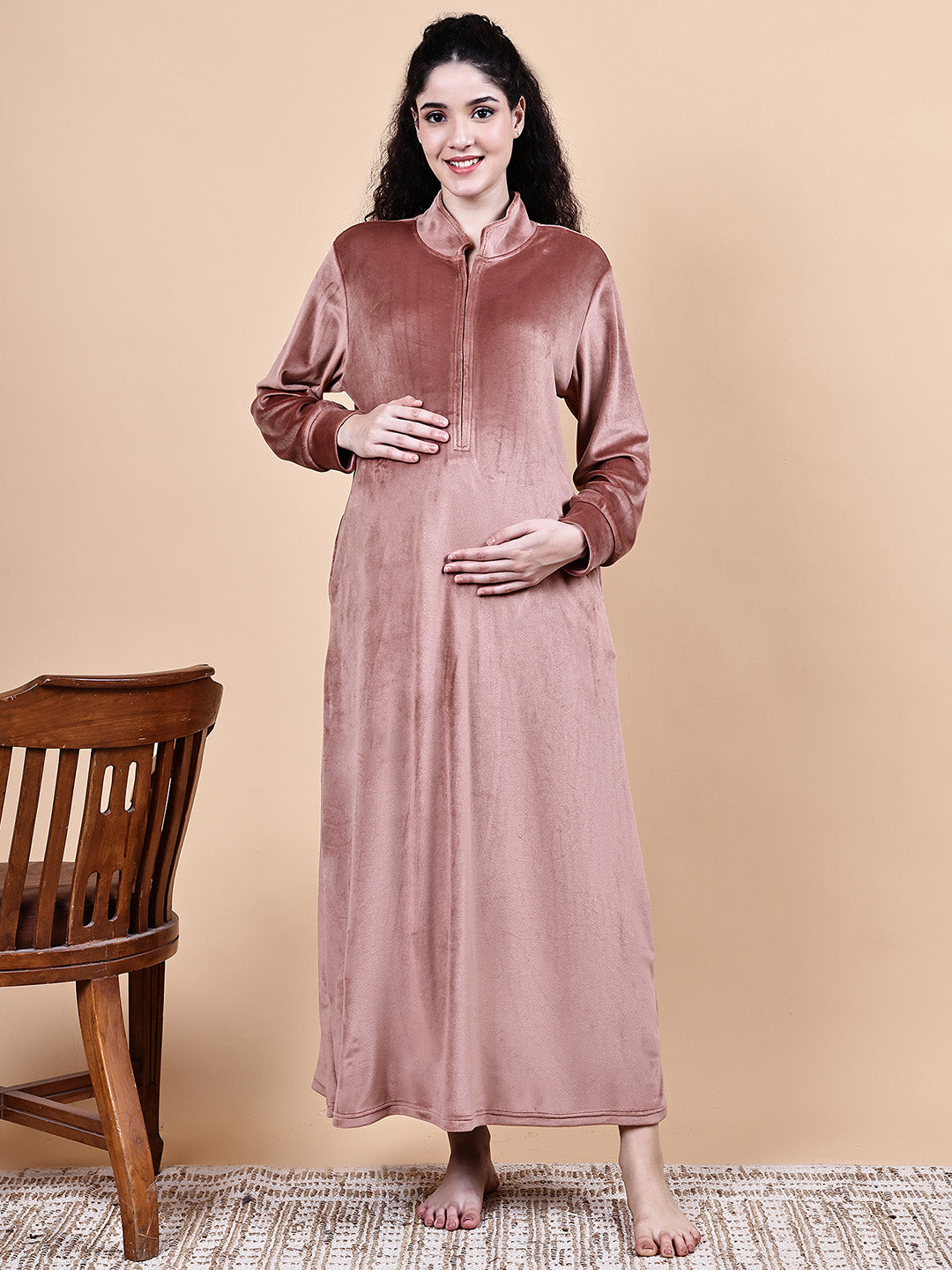 Pink Solid Velvet Winter Maternity Nighty