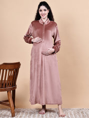Pink Solid Velvet Winter Maternity Nighty