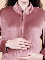 Pink Solid Velvet Winter Maternity Nighty